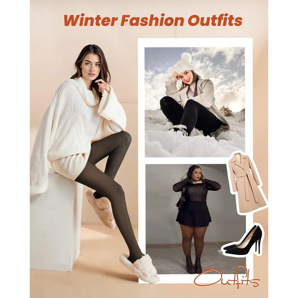 NexiEpoch Women's Black 2 Pairs Fleece Lined Tights Pantyhose Sheer Thick L-XL